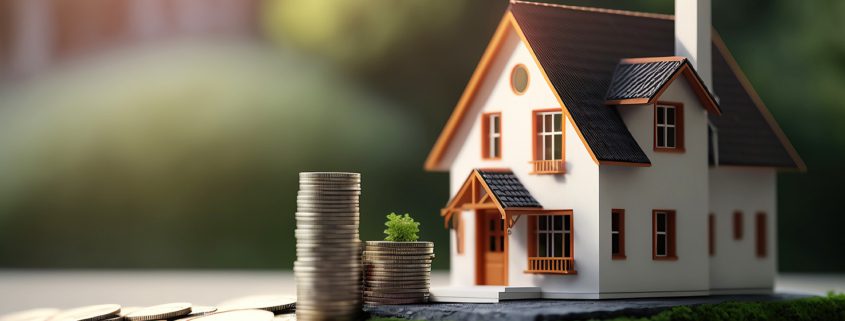 ai generated illustration Small model house with coins, buy and